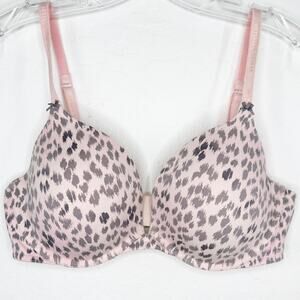 Victoria's Secret Plunge Push Up Bra Pink Grey Snow Leopard US 36D EUC Soft Girl